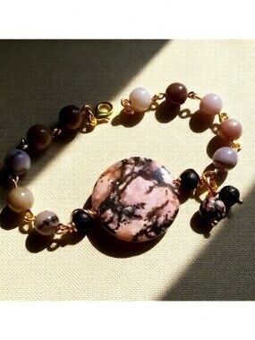 Handmade Rhodonite & Agate Rosary‑Style Bracelet! Muted Pink & Brown Gemstones